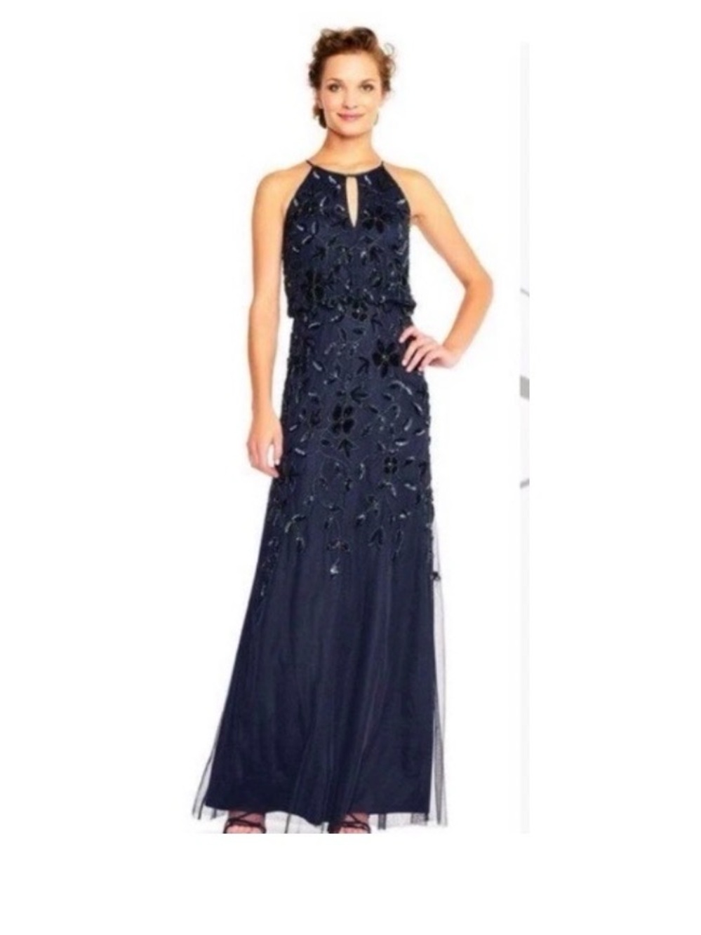 Adrianna Papell Halter Sequin Maxi Gown Navy NEW